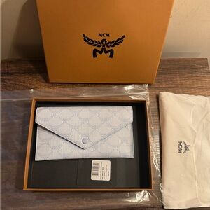 Authentic MCM Light Blue Logo Zip Pouch Wallet